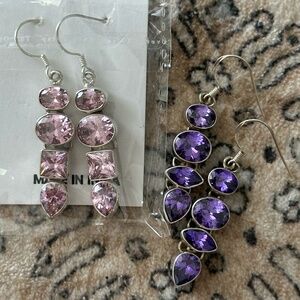 Set (2) Sterling Silver and Amethyst and Pink Crystal Earrings
